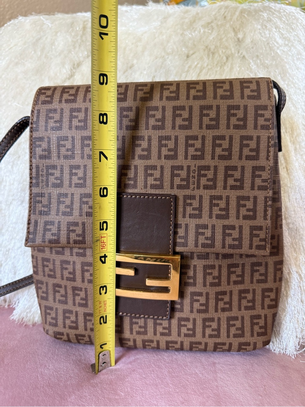 💯AUTH FENDI Brown Zucchino Spalmati Crossbody Bag with Gold-Tone FF Buckle - Picture 11 of 16